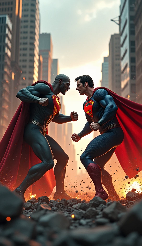 Show the moment when Superman and Zod collide in an exchange of powerful punches. The force of the impact creates visible shock waves, and the surrounding buildings are being destroyed by the aftereffects of the battle. Superman is in an attack pose, while Zod is fighting back with equal ferocity.