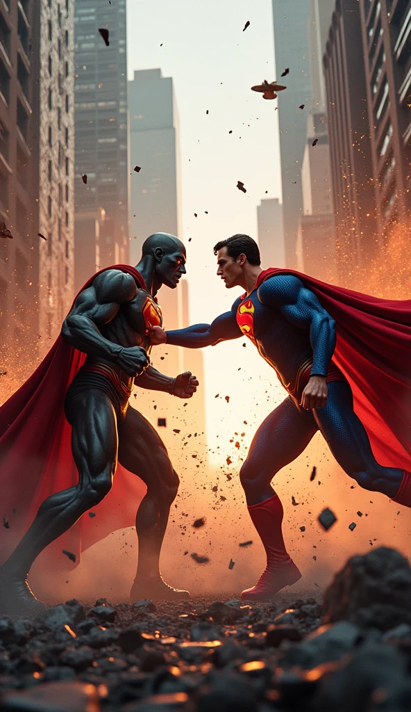 Show the moment when Superman and Zod collide in an exchange of powerful punches. The force of the impact creates visible shock waves, and the surrounding buildings are being destroyed by the aftereffects of the battle. Superman is in an attack pose, while Zod is fighting back with equal ferocity.