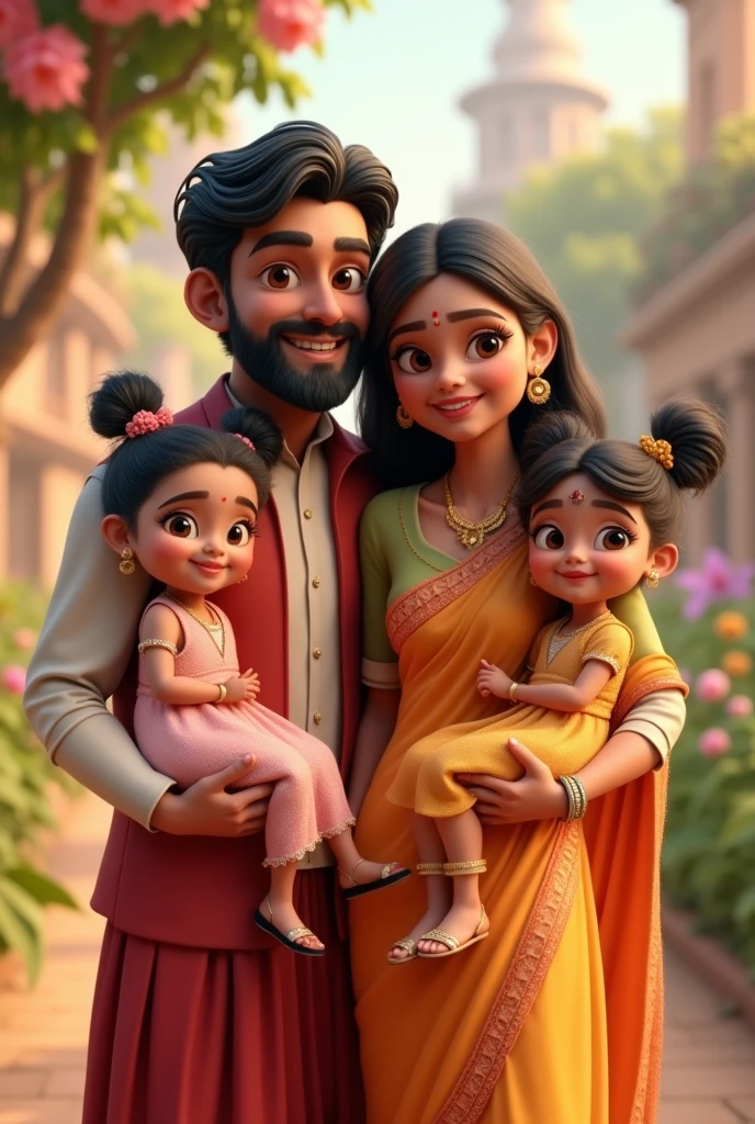 Indian husband and wife with a girl ddler with short curly hair and a bairl, Disney 3D