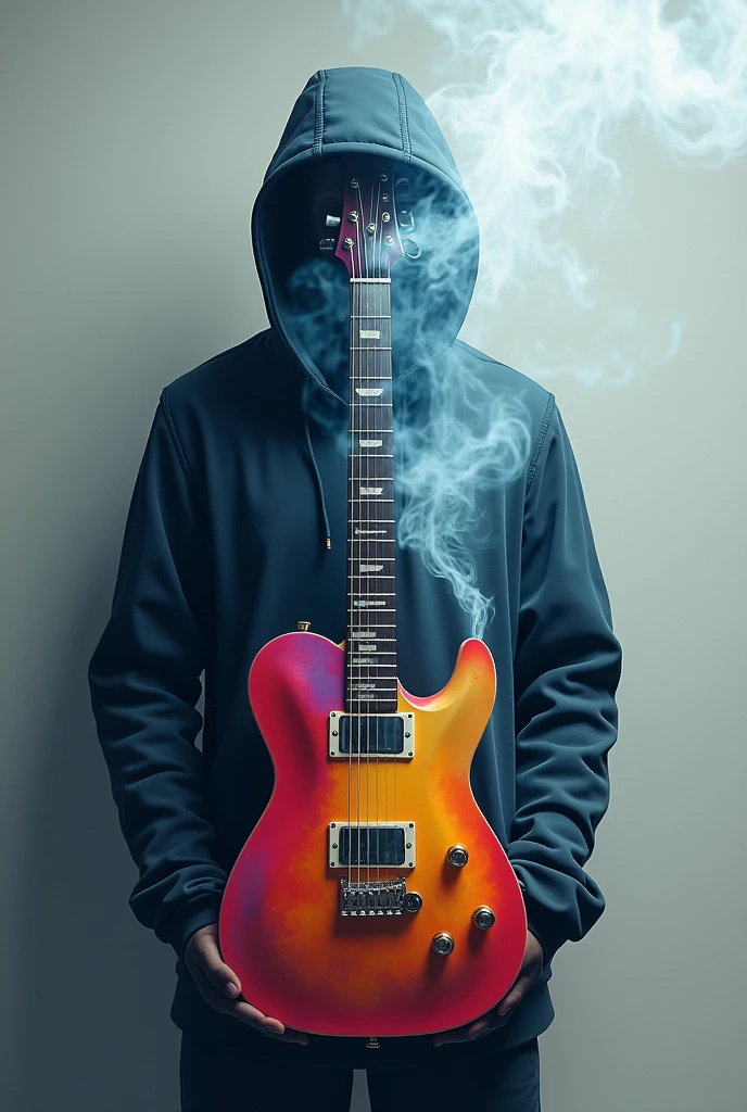 Create an image of a guitar, only half of it, Colorful exhaling smoke.