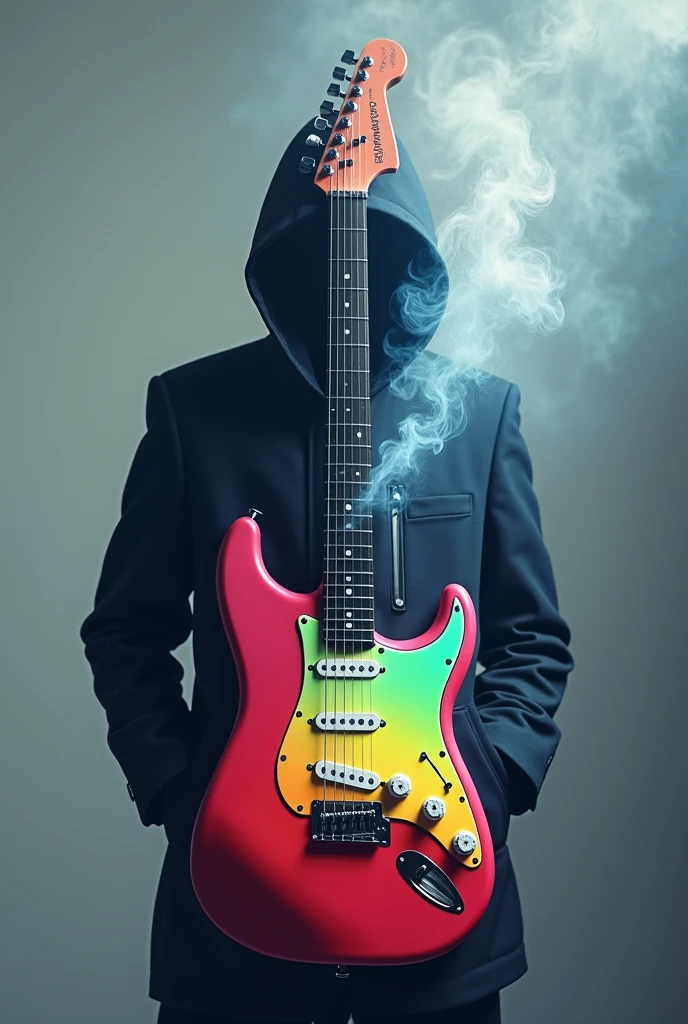 Create an image of a guitar, only half of it, Colorful exhaling smoke.