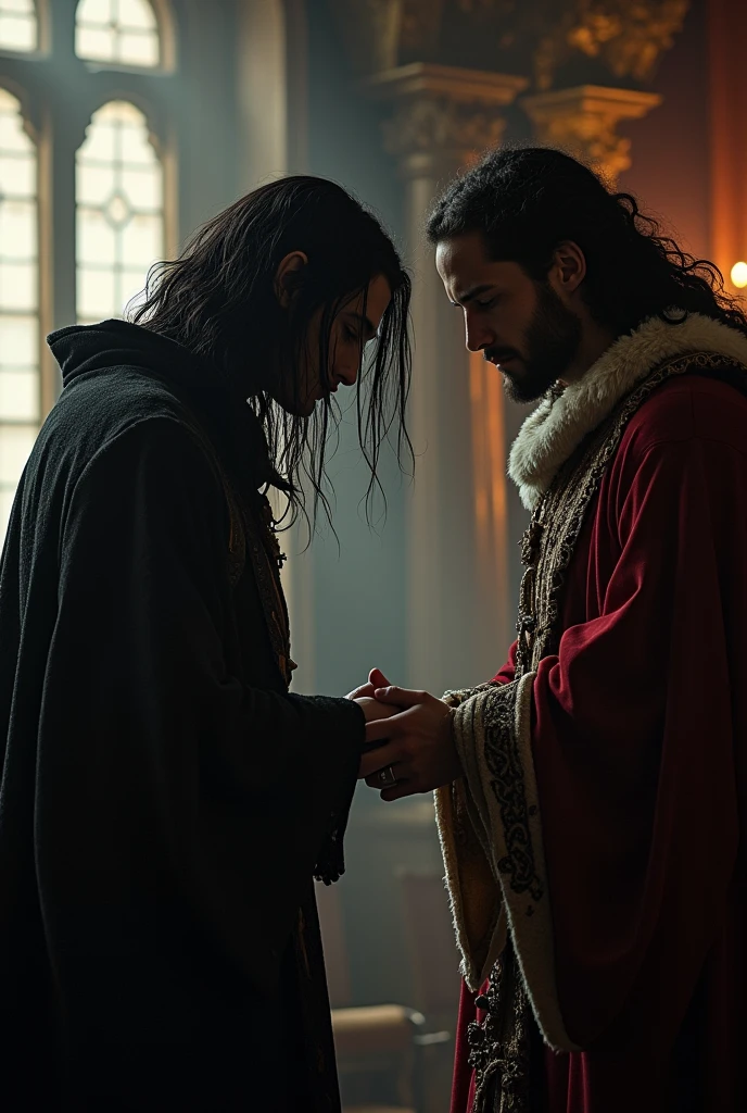 A former evil sorcerer, young man with long black hair, repentant and ashamed, is accepting forgiveness from a young king.