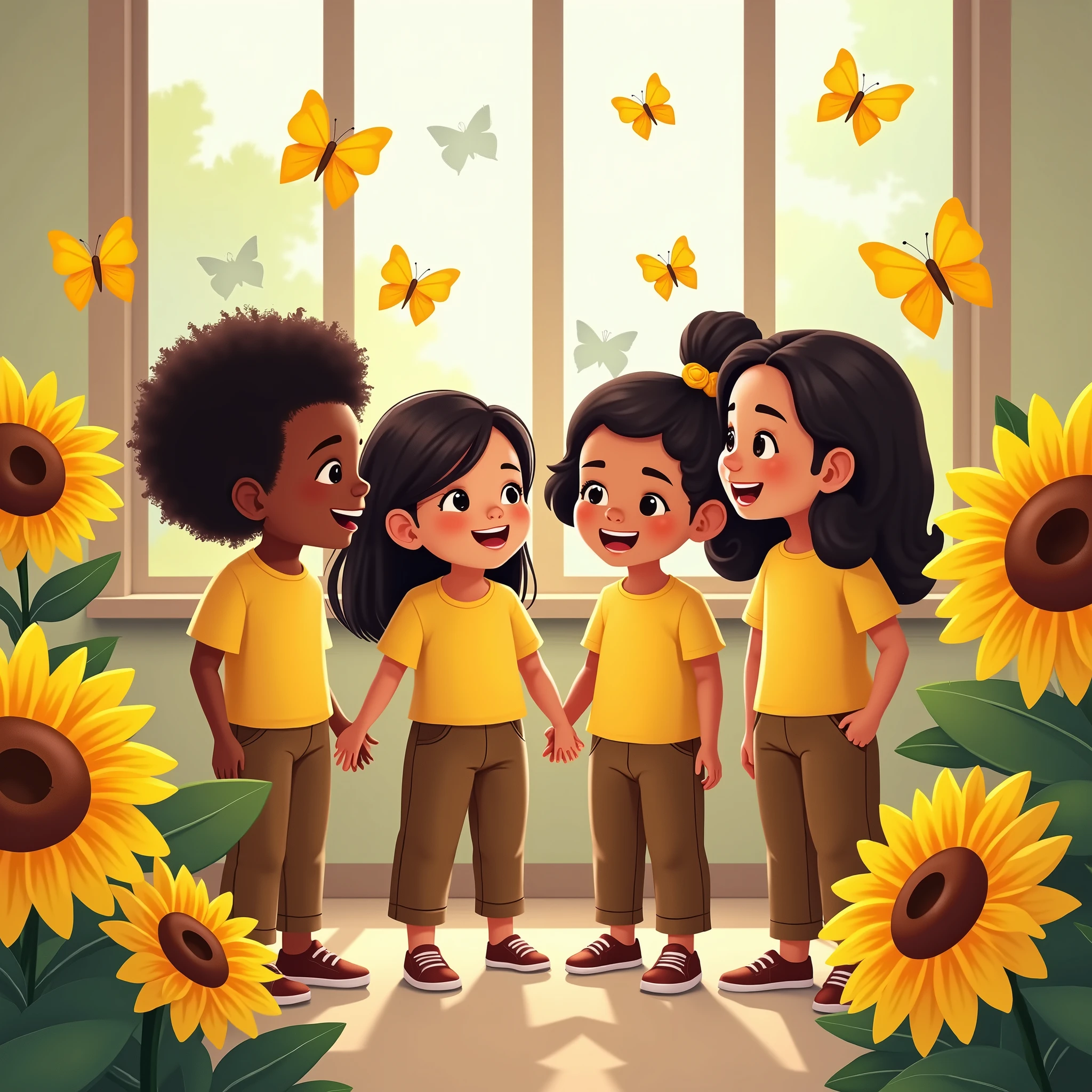 vectors, sunflowers, white girls, Dominican children, medium and small, brown pants, yellow shirt, school, yellow butterflies