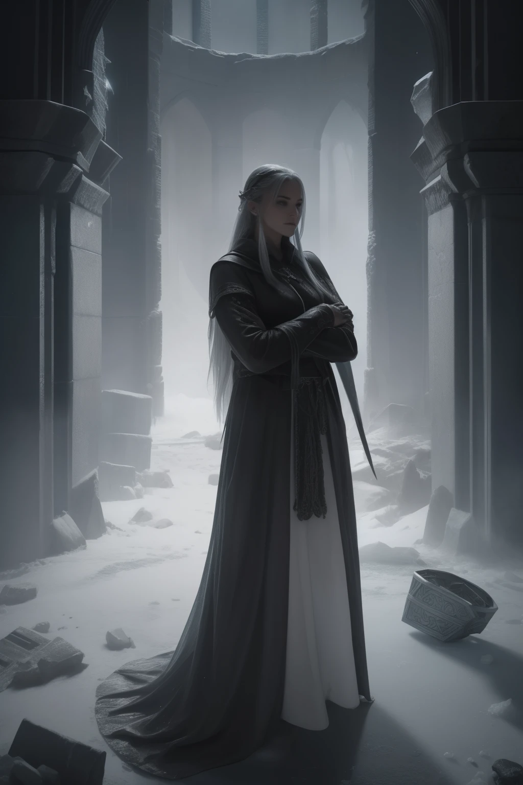 dnd, npc, female ice sorcerer, epic, mysterious avengeful, hatless, inside a tower, nordic, viking styled, inside a tower of ice, grayscale, realistic, robes and cloack, evil, seeks revenge, face has runes and symbols, poor clothes, cheap clothes, (poor nordic clothes), 20 years old, ugly, dirty, mysterious aura, villain, contruction is made of ice, walls are made of ice, everything is made of ice, eternal night, ragged clothes, poor, dirty, exiled in an ice tower, sherpa, 
