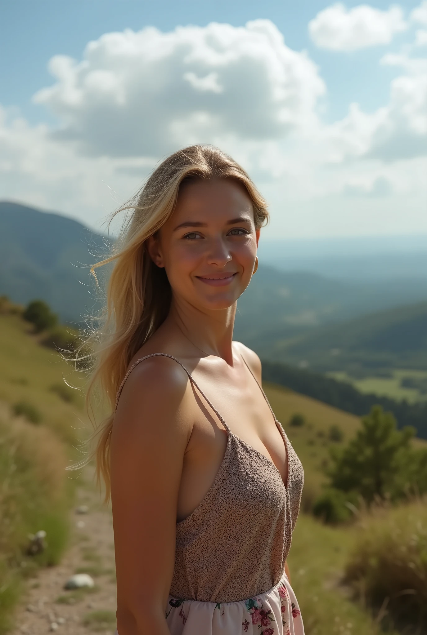 A woman with a beautiful landscape in the background