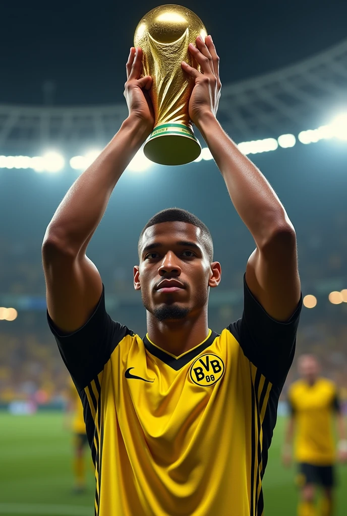 Create an image of mbappe wearing a borrusia dortmund kit and holding a world cup trophy