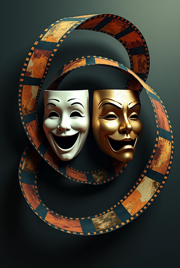 Two masks of comedy and tragedy, each representing different emotions, a movie film looping around them. The film strip is filled with different textures and patterns, symbolizing the layers of stories and emotions that cinema conveys.