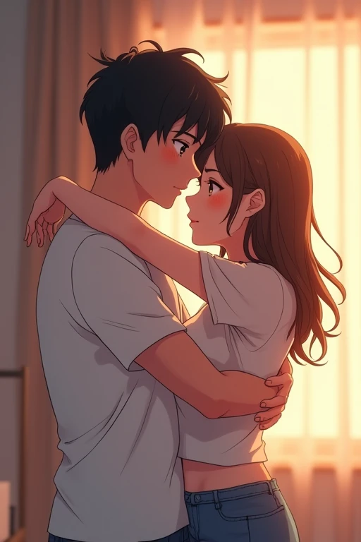 The moment when she is suddenly hugged from behind by her boyfriend. Anime style, no exposure, consistent illustrations