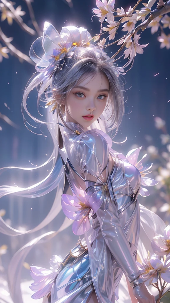 8k, masterpiece, 1 girl, beautiful face, very long hair, light makeup, (glossy skin:1.5), detailed eyes, detailed lips, small bust, short clothing, dragonfly, ((silver dragonfly clothing)), ((flowing cape)), light clothing, ((bare waist)), (flower falling:1.5), god rays, depth of field, ray tracing,