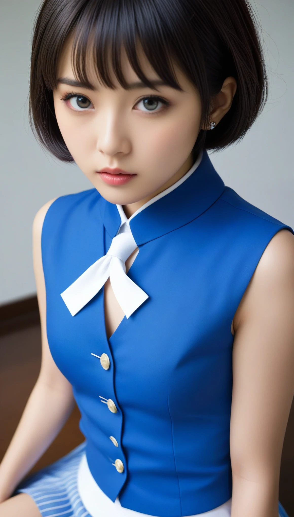 8k, Ultra-high resolution, Highest quality, masterpiece, 三分割法によるphotograph,Surreal, photograph,One Woman, (:1.3), cute, cute顔, 細部までBeautiful Eyes, 細かくdetailedに,masterpiece,One Girl:1.2,Japanese women,kindergarten,close up,glaring,Black short hair,Bowl cut,ID photo,(kindergarten uniforms:1.3),Eccentric,Future City,white collar,((Fusion of humans and androids))(Beautiful attention to detail),Subtle details, detailedな顔,anger,Attractive eyes,(ポートレートphotograph:1.4),(Photorealistic images:1.4),Fantasy art,(Beautiful Face:1.4),美しくAttractive eyes、Beautiful Eyes,Silver residue,(Tight waist:1.4)、(Beautiful with perfect body proportions:1.4),Pink Lips,profile,(((Ideal body type))),A-cup small breasts :2,、Portraiture:2、Perfect Anatomy、鮮明なdetailed、detailed,Fashion magazine cover,Thin lips,完璧でBeautiful Face ,完璧でcute顔, Skin with attention to detail, Perfect limbs、Narrow waist,Surreal,Light and shadow,spotlight