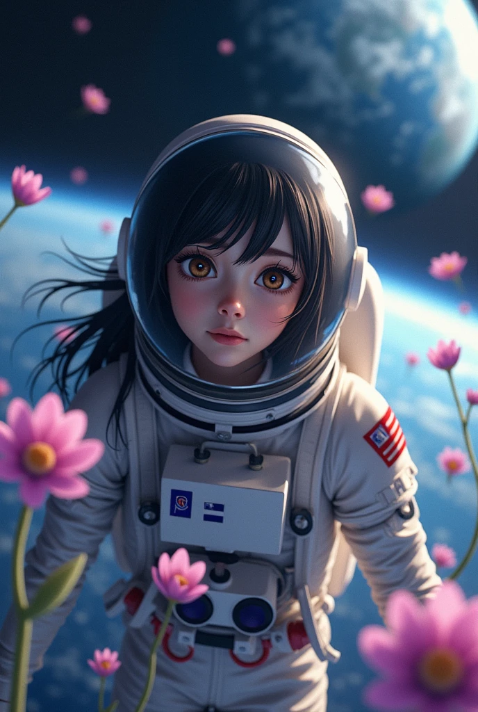 Astronaut with black hair below the shoulder and brown eyes in space and some flowers
