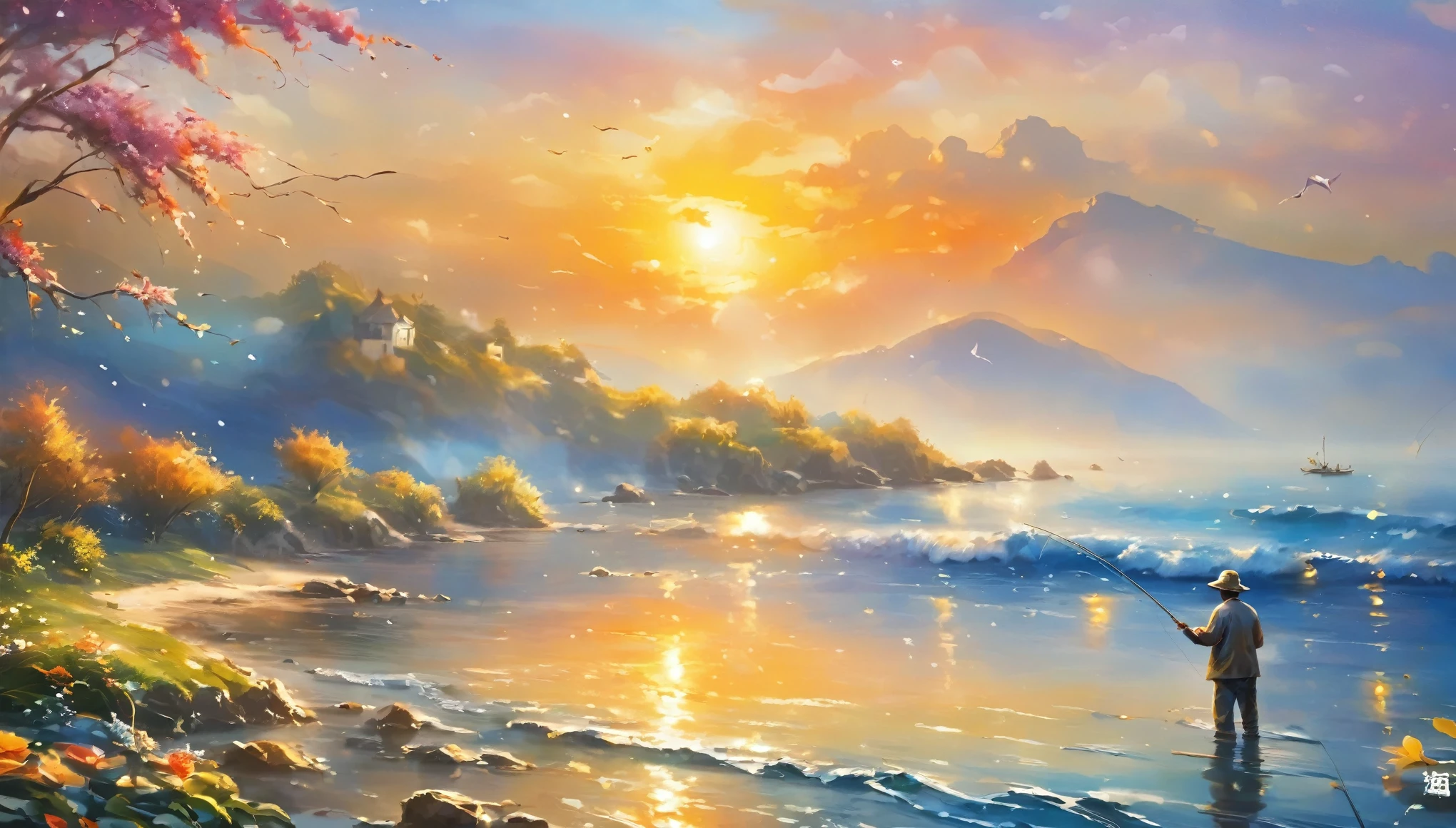 ((masterpiece)), ((best quality)), contour、Sunset、Fisherman、holding fishing rod