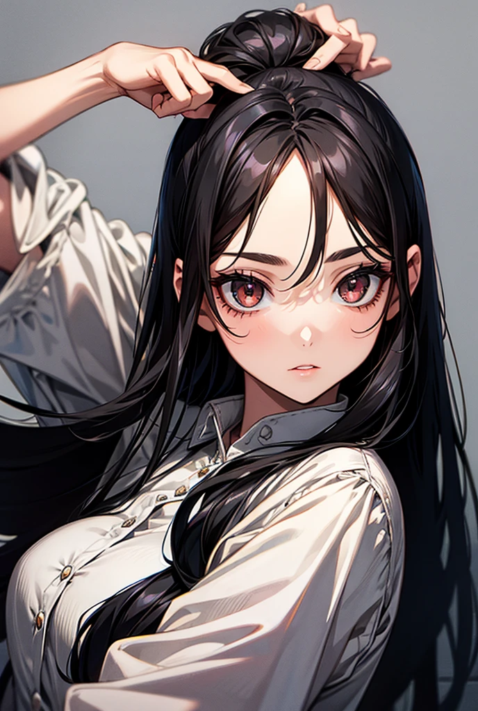 , Young woman, long black hair, dark brown eyes, big eyes