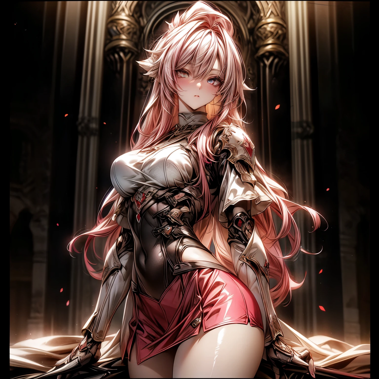 (best quality)), ((Masterpiece)), (details:1.4), 3d, HDR (high dynamic range), an image of a beautiful cyberpunk female, Cyberpunk, pink hair, Long hair, Hips up, Beautiful white eyes, จมูกโด่ง, ปากแดง, หน้าอกใหญ่, nvidia RTX, PBR surface, After processing, Anisotropic filtration,depth of field, Maximum clarity and clarity, multi-layered surface, Subsurface scattering, perfect proportions, 8K raw files, ultra detailed, Perfect proportions, volumetric lighting, soft lighting, Holy Paldin, Heavy Golden Armor, glossy skin, Castle background, jewely, ต่างหู, นิ้วมือสมบูรณ์, mini red skirt,