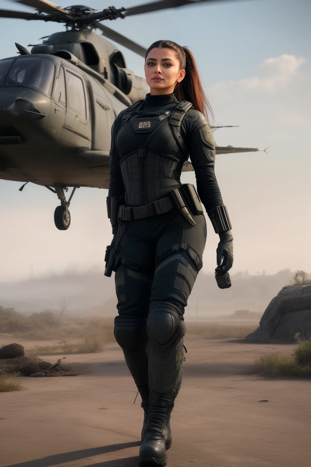 Full body photo of 50YO MATURE MILF AISHWARYA RAI as BIMBO ARMY COMMANDO, ((BLACK COMMANDO GEAR, COMBAT BOOTS, COMBAT GLOVES, KNEEPADS)), CAMO PLATE CARRIER RIG, intricate details, POSING next to army helicopter, ((FLIRTATIOUS MOCKING SMILE)), ((PONYTAIL HAIR)), day scene, mature hourglass figure, look straight at camera, sexy 50 yo mature MILF, soft volumetric lights, intricate details, (ArtStation:1.2)