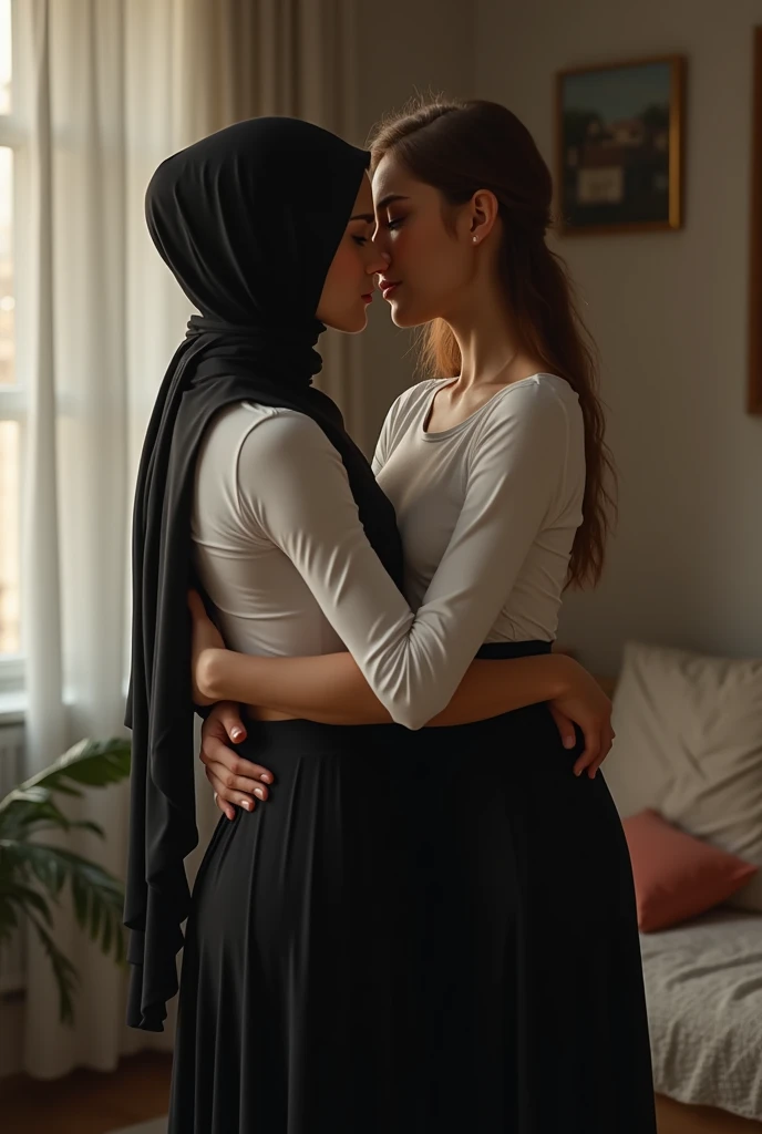 Black headscarf at home, white long sleeve t shirt, black long skirt, barefoot, Sexy women kissing men.