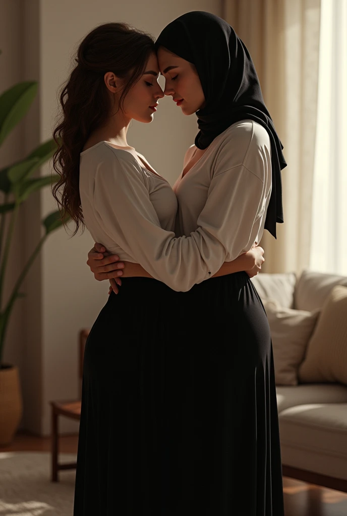 Black headscarf at home, white long sleeve t shirt, black long skirt, barefoot, Sexy women kissing men. 