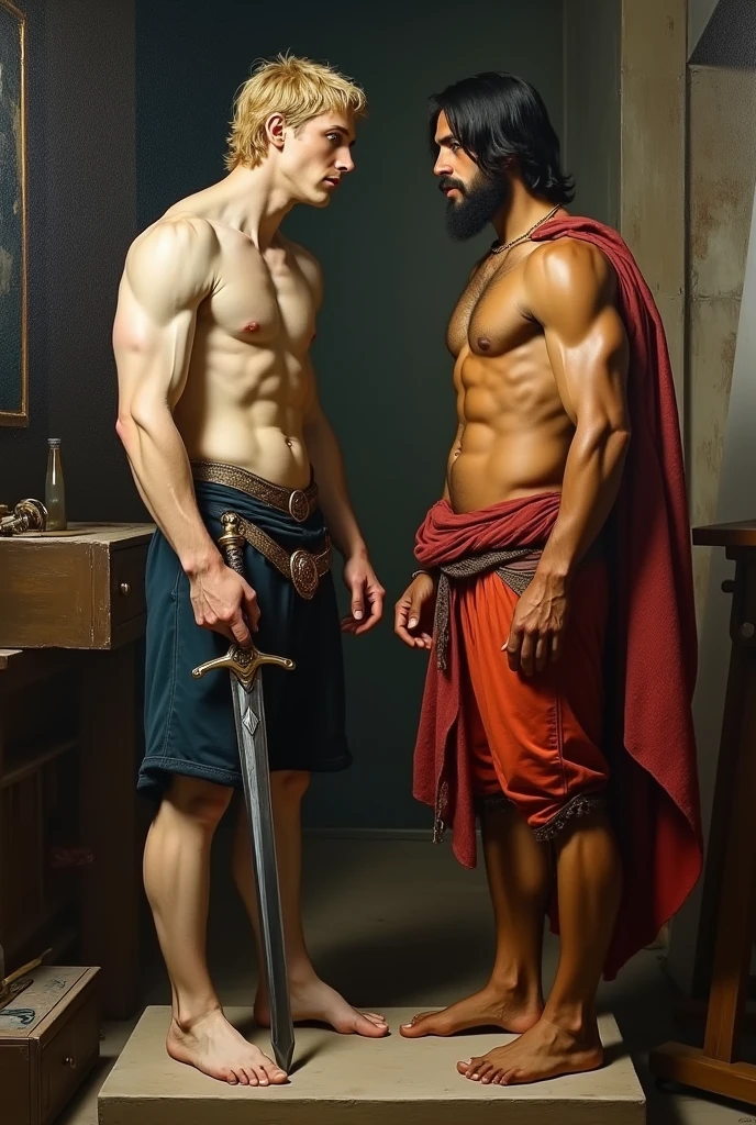 Rembrandt+Baroque+oil_painting., whole body, intense hard vivid colors a young Nordic blond strong toned body white skin shirtless, barefoot, blonde hair blue eyes no beard, gentle look, He is holding a sword and standing on a pedestal in a painting studio, a Latin painter, delgado, black hair, Both men stare at each other
