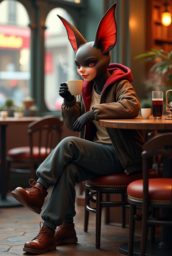 highres, (Best Quality:1.3), (extremely detailed:1.2), 8k, textured, (beautiful lighting, cinematic:1.3), (masterpiece:1.2), Rouge the Bat sitting at a cafe drinking coffee, 1girl, wearing a jacket, sweatpants, brown shoes, relaxed,