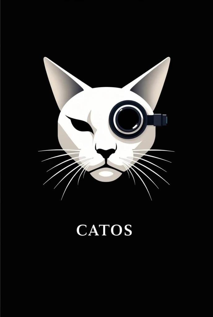 I need a cyberpunk cat icon with little detail that is just the cat's face, like a very technological monocle in the form of a drawing, all in white, with black background, with the writing CATTOS below in a font that matches the design.