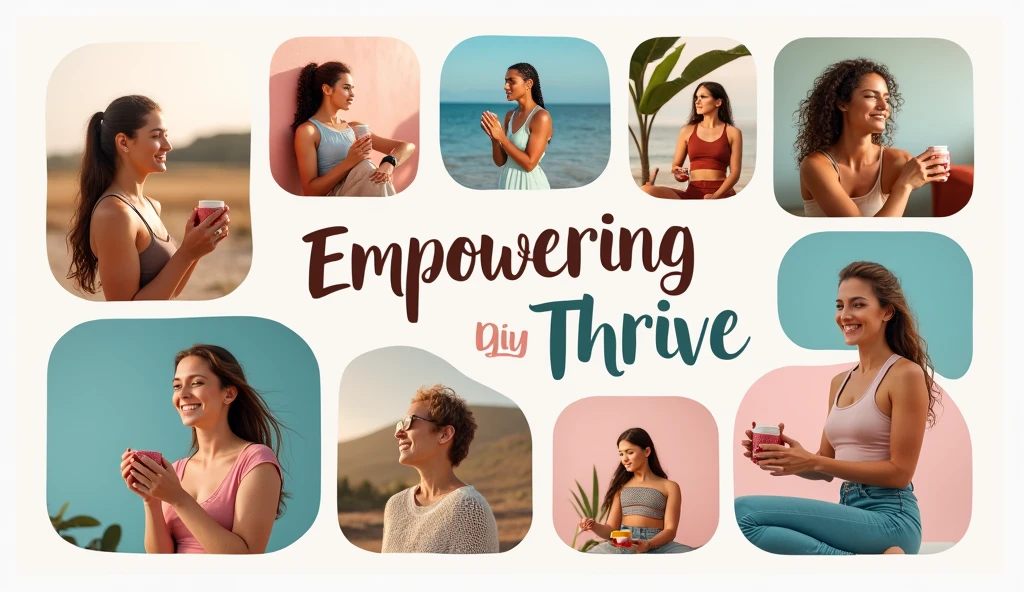 A collage of inspirational images such as healthy meals, women exercising, and serene moments of self-care. The layout should be clean and organized to avoid feeling cluttered. “Empowering You to Thrive” in a bold yet graceful font, with the brand name placed prominently. Light neutrals like ivory, with pops of soft colors (blush pink, aqua blue) to keep it vibrant yet calming.