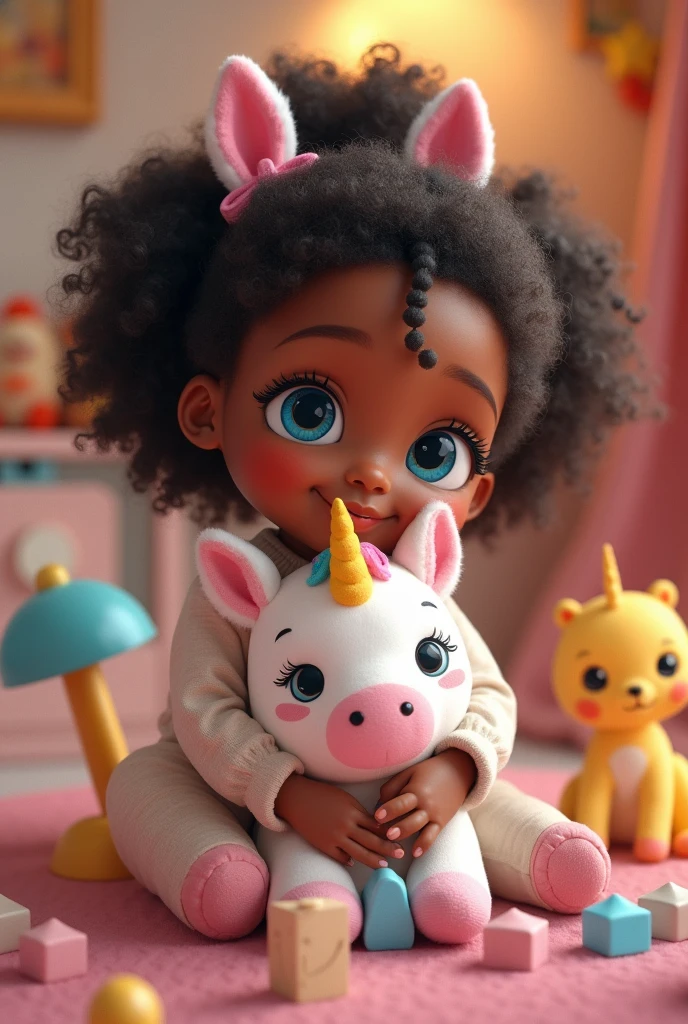 An female , Bblack hair, blue colored eyes, rosto angelical, smiling, in a room full of toys hugging a stuffed unicorn.