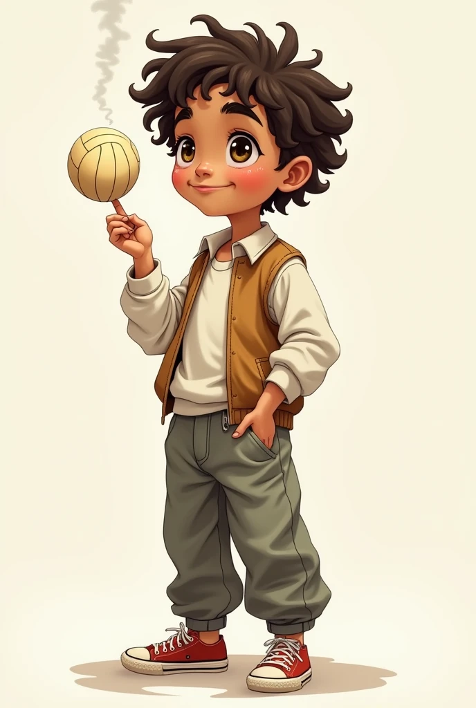 A boy with the height of a 1 girl, full body, moreno, with curly hair, with curled eyelashes and brown eyes but not so big, Smoking with his right hand and holding a volleyball spinning on the index finger of his left hand, with some converse tennis shoes, baggy pants and a white long sleeve shirt, with a vest over the white shirt