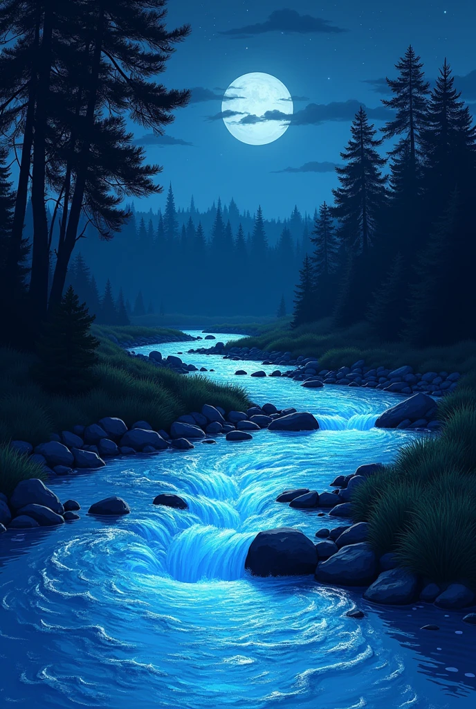 Une image d'un ruisseau où on peut voir le courant s'écouler avec la couleur de l'eau. Très vive de nuit dans un style bande dessinée