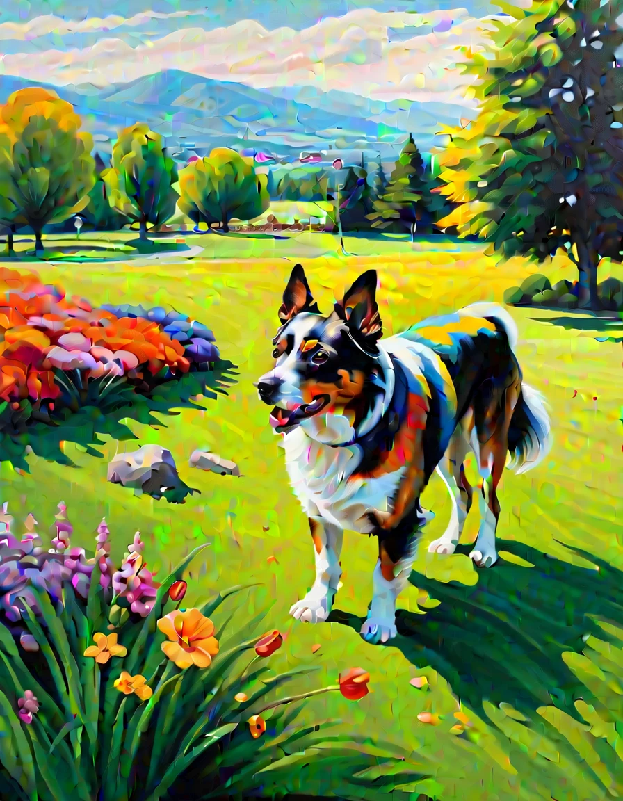 Masterpiece, best composition, dynamic composition, colorful landscape painting, dog on lawn.