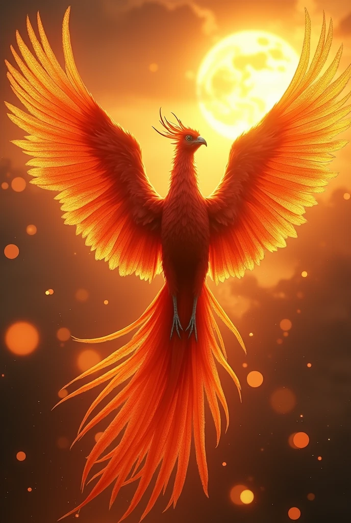 god々A fascinating close-up portrait of a beautiful large phoenix in bright light, Golden Light, The vibrant bokeh balls gently frame the delicate shape.. , The phoenix is a beautiful, fiery red.., Extremely realistic photos, (美しくgod秘的に発光する翼:1.5, A long tail like a peacock:1.4), ((Ultra-detailed sun flaring:1.6, With the sun at my back)), Flying in the sky, Facing forward, universe space, Very large and impressive adult bird, ((Realistic burning wings, Fire effect)), Squeal with open mouth,