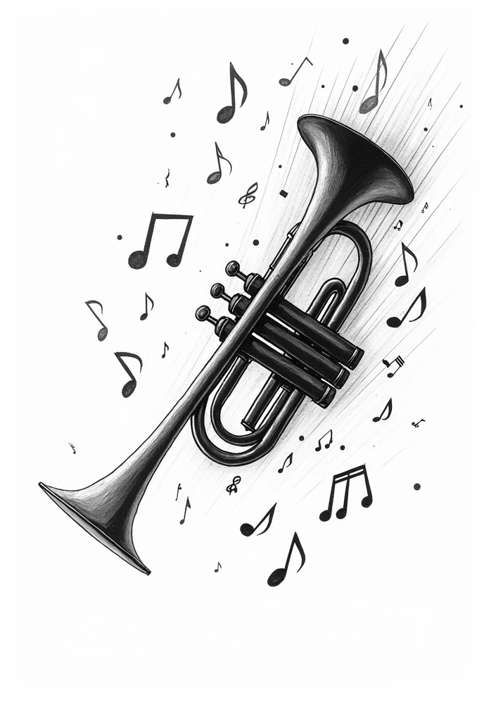 Black and white drawing of diagonal trumpet with musical notes around it