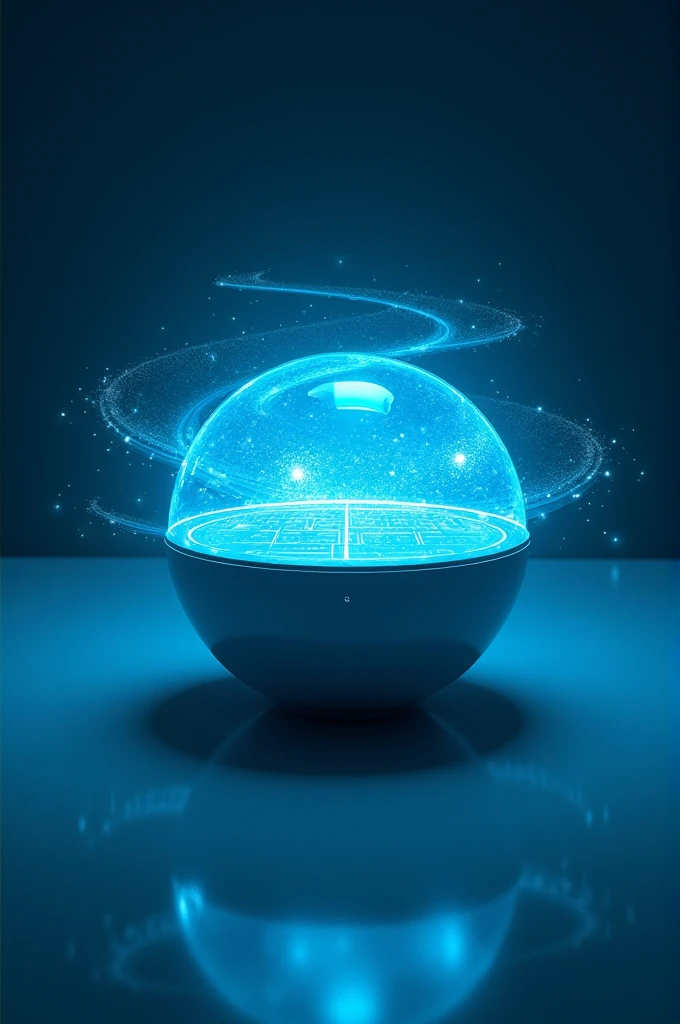 A 3D projection that originates from a small ball that generates a blue screen and also provides a keyboard to respond to social networks.
