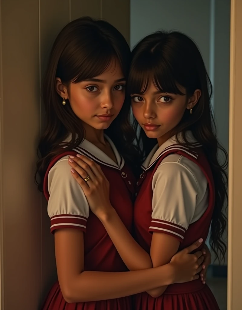 closeup, realistic, uhd image, rich indian brother and indian sister come back from school and have secret affair, cleavage seen, brother squeezing sister's boobs, boob squeeze, brother hugging from behind, sister facing camera, secret relationship, brother wearing school uniform, sister wearing school uniform, school uniform, inside indian home