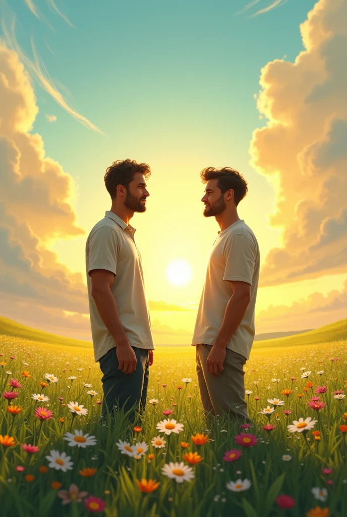 Two male friends talking about life very far from each other in the background a beautiful landscape like a green field full of flowers, a radiant sky in the late afternoon