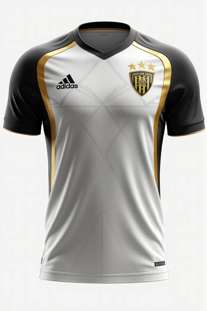 a soccer team uniform with the colors white, black and gold:
chemise:
Base: White with a subtle diagonal or geometric stripe pattern in a lighter shade of white for texture.
detaileds: Black collar and sleeve cuffs with gold detail.