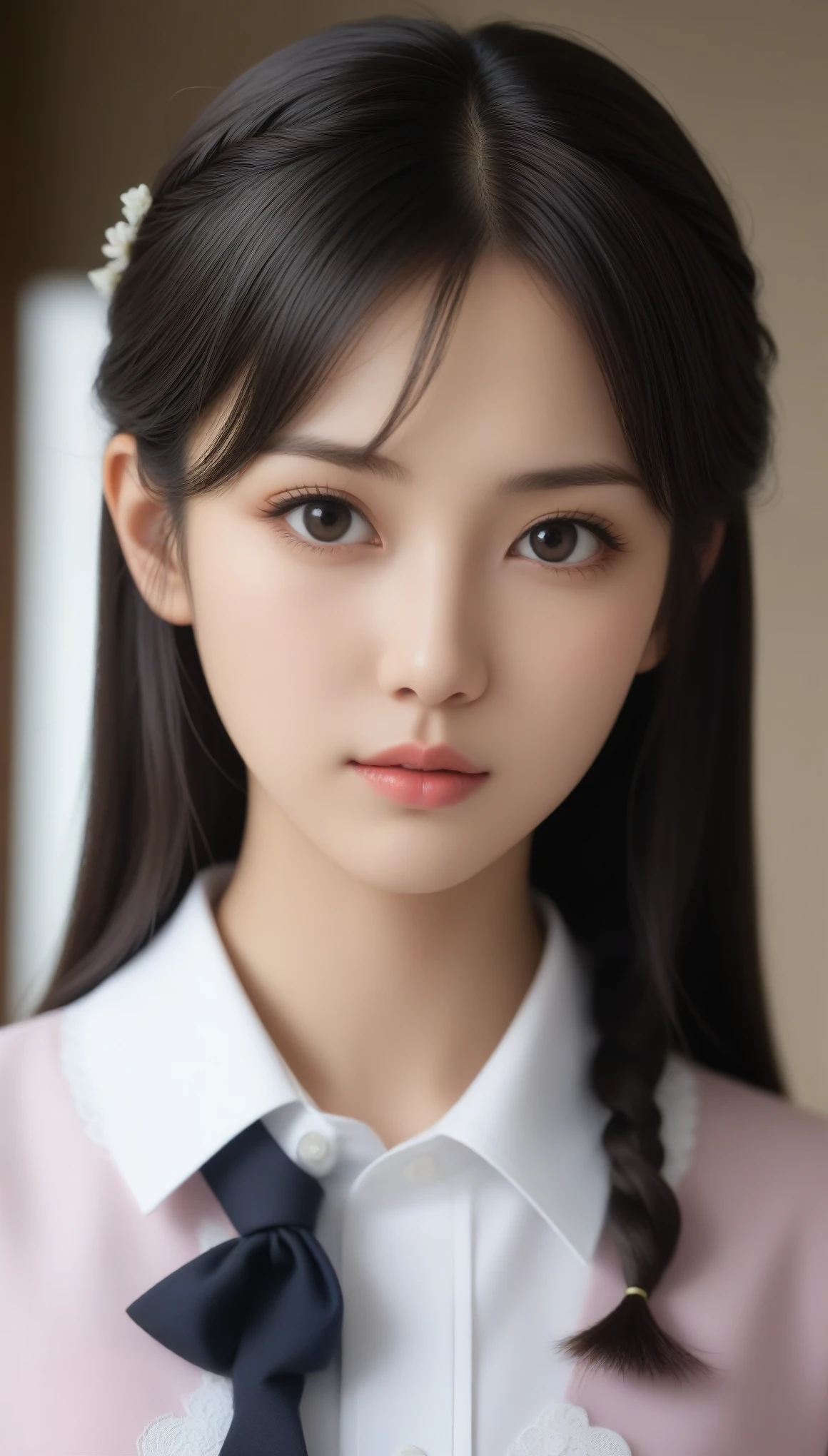 A close up of a woman with a bow tie and a shirt - SeaArt AI