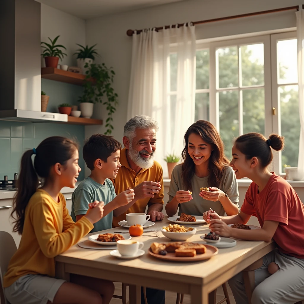 A hyper-realistic image of a Latin American family having breakfast in a large kitchen. The scene must include six people: the parents, two children, and two grandparents, all of Latino descent, with no white individuals. Everyone is shown enjoying chocolate as part of their breakfast. The kitchen is modern and well-lit, with natural light streaming in through large windows. The grandparents are clearly visible, interacting warmly with the children and parents. The image should capture detailed expressions and vibrant colors, emphasizing the joyful connection between the family members as they share a meal together.