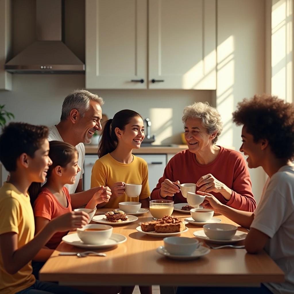 A hyper-realistic image of a Latin American family having breakfast in a large kitchen. The scene must include six people: the parents, two children, and two grandparents, all of Latino descent, with no white individuals. Everyone is shown enjoying chocolate as part of their breakfast. The kitchen is modern and well-lit, with natural light streaming in through large windows. The grandparents are clearly visible, interacting warmly with the children and parents. The image should capture detailed expressions and vibrant colors, emphasizing the joyful connection between the family members as they share a meal together.