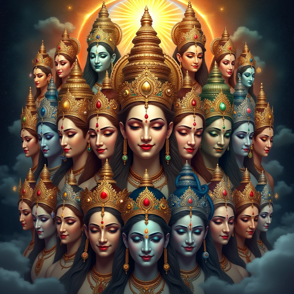 (33 types of Devtas:1.4), (each deity's face distinct and divine:1.4), (8 Vasus embodying natural elements:1.3), (12 Adityas radiating solar energy and wisdom:1.3), (11 Rudras exuding power and transformation:1.4), (2 Ashvins with healing and harmony:1.3), (intricate details in facial features:1.4), (divine aura surrounding each face:1.4), (rich, vibrant colors representing the cosmic forces:1.4), (ornate, traditional jewelry and headgear:1.3), (expressions reflecting their unique divine roles:1.4), (a background of celestial energy:1.3), (highly detailed, spiritual essence captured:1.4)