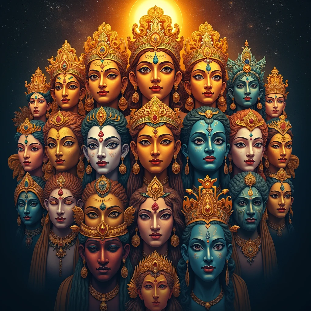 (33 types of Devtas:1.4), (each deity's face distinct and divine:1.4), (8 Vasus embodying natural elements:1.3), (12 Adityas radiating solar energy and wisdom:1.3), (11 Rudras exuding power and transformation:1.4), (2 Ashvins with healing and harmony:1.3), (intricate details in facial features:1.4), (divine aura surrounding each face:1.4), (rich, vibrant colors representing the cosmic forces:1.4), (ornate, traditional jewelry and headgear:1.3), (expressions reflecting their unique divine roles:1.4), (a background of celestial energy:1.3), (highly detailed, spiritual essence captured:1.4)