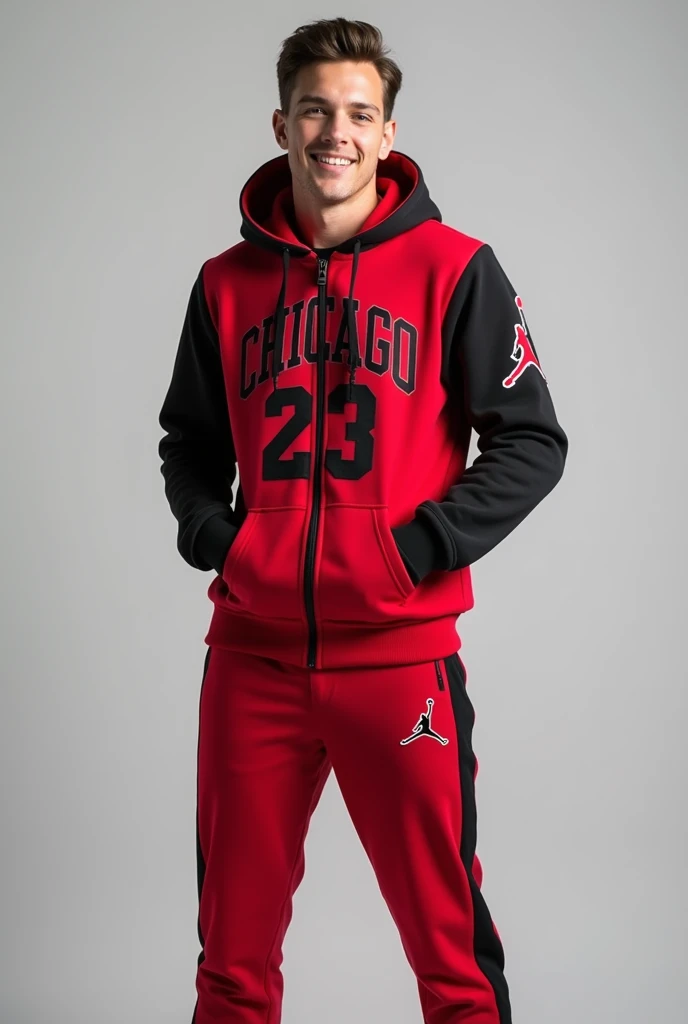 Red and Black Chicago Bulls Jordan 23 logo hoodie sweatshirt, wearing NIKE track pants, 38-D cup big firm breasts, zippered till neck jacket, Nike brand, athletic body sexy , very attractive face, cute smile, full length photo, smiling cute, Kate Mara looking Indian cute face, 34 years of age, looking at the camera straight, hands in pocket.