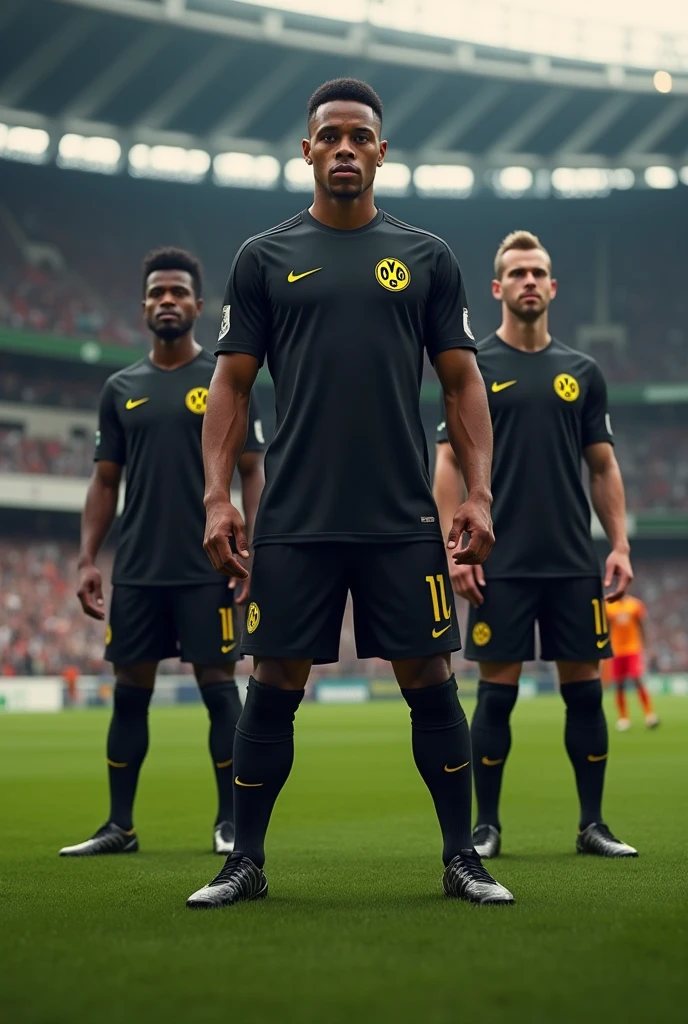 Create an image of an all black borrusia dortmund vs kaizer chiefs