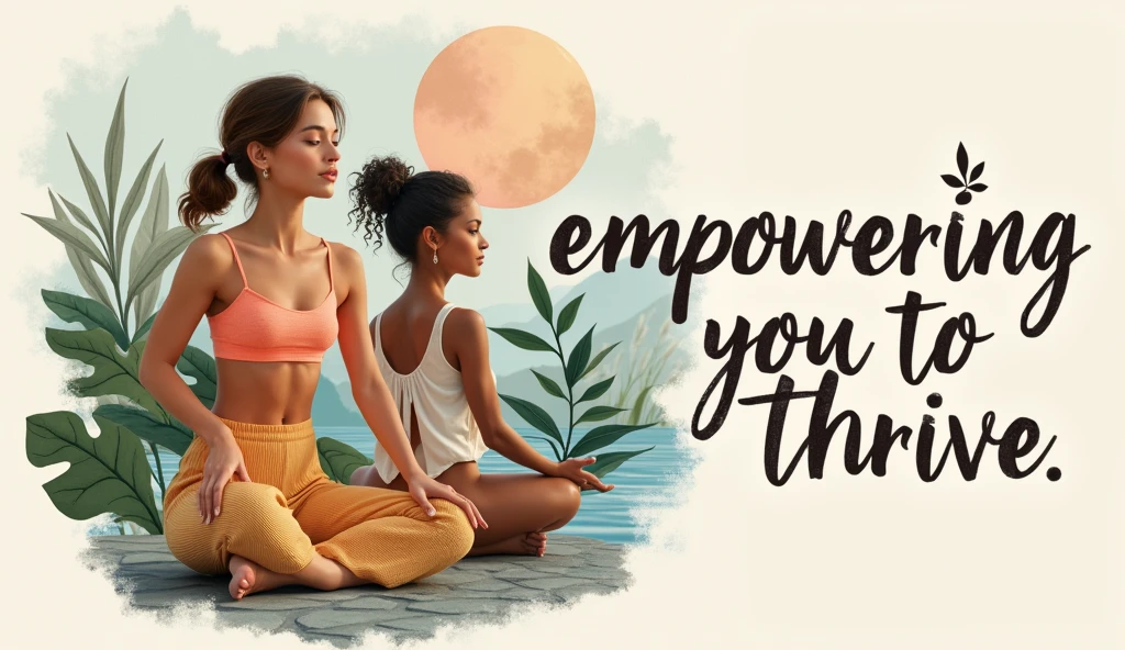 A collage of inspirational images such as healthy meals, women exercising, and serene moments of self-care. The layout should be clean and organized to avoid feeling cluttered. “Empowering You to Thrive” in a bold yet graceful font, with the brand name placed prominently. Light neutrals like ivory, with pops of soft colors (blush pink, aqua blue) to keep it vibrant yet calming.