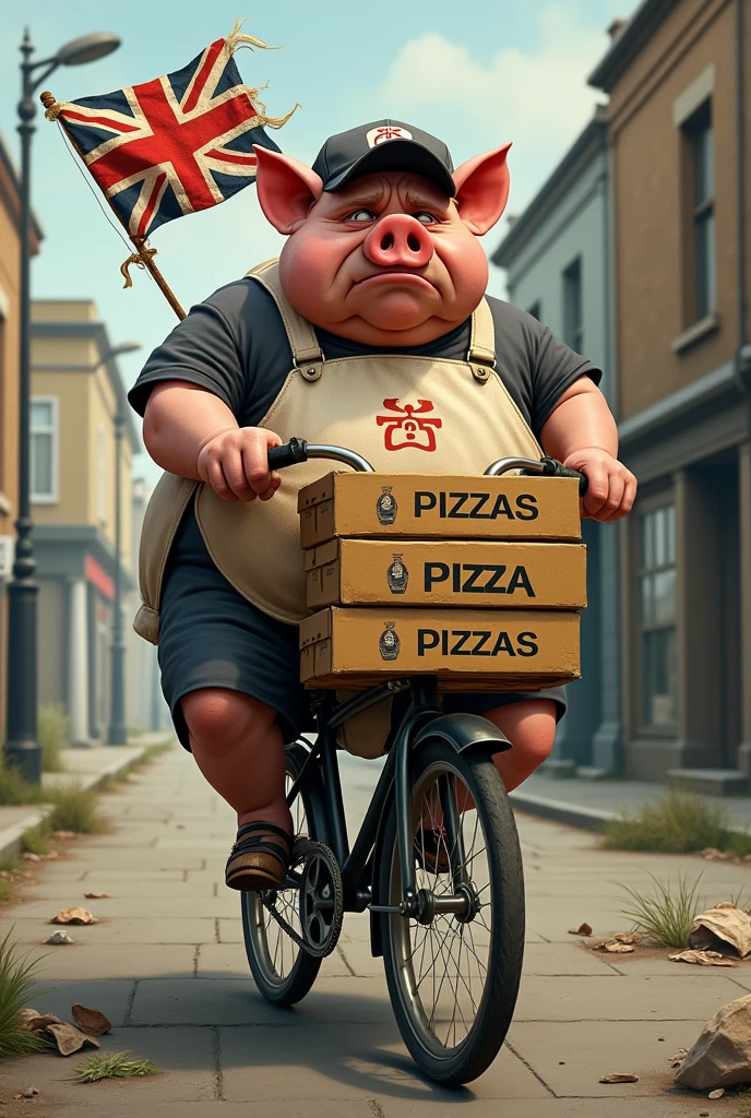 An ugly fat sad pig, doing pizza delivery, on a broken old bike, with a UK flag waving, pizza written on pizza boxes, boxes