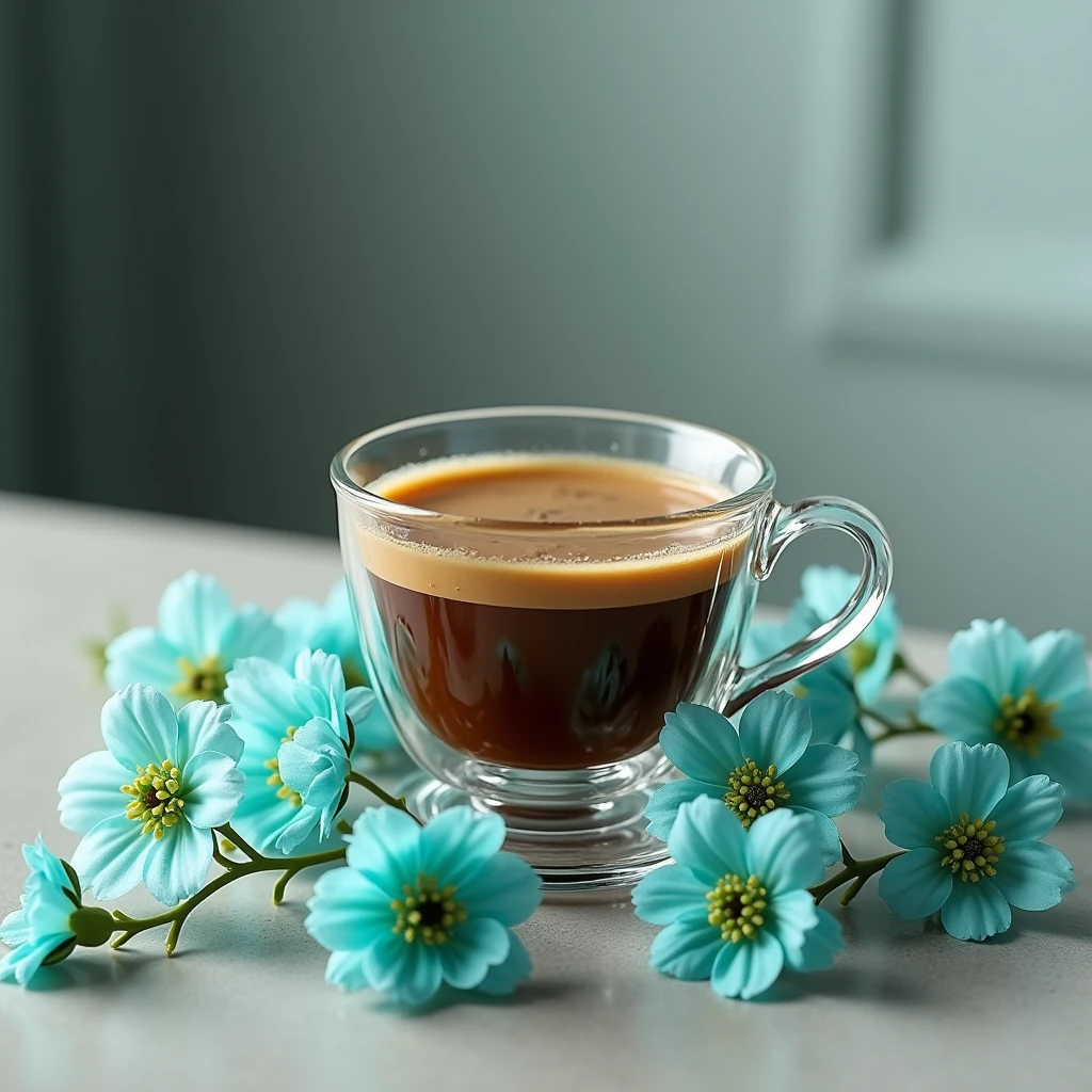 glass cup coffeee,flower turquoise decorations