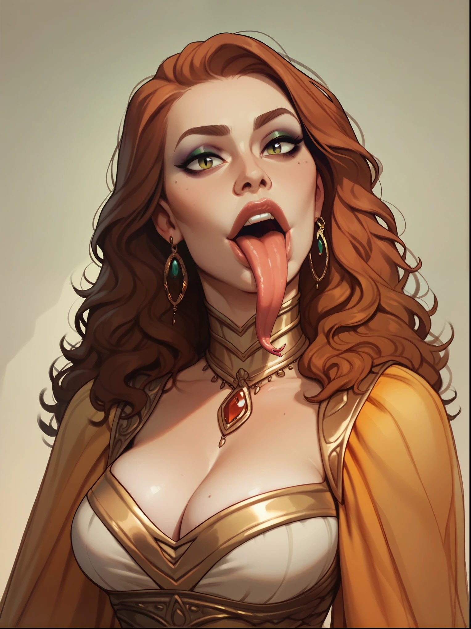 score_9, score_8_up,score_7_up, score_6_up, score_5_up, score_4_up, woman, best quality, highres, portrait, solo, beautiful, makeup, soft lips, hermione in serpentar clothes, grimace, put out your tongue, large cleavage, snake double tongue