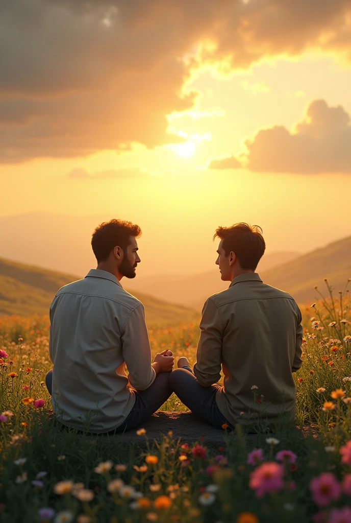 two male friends. Sitting talking about life very far from each other in the background a beautiful landscape like a green field full of flowers, a radiant sky in the late afternoon