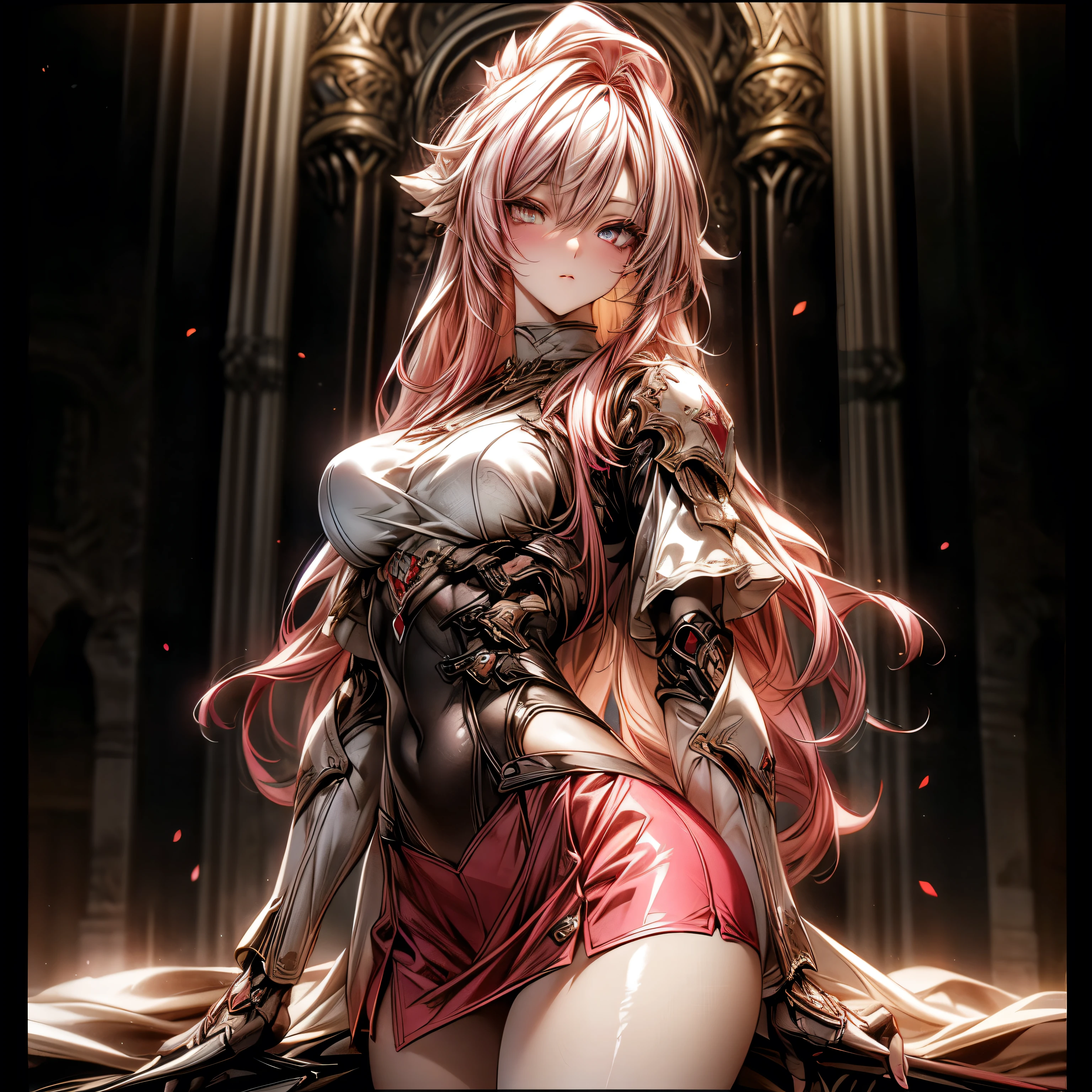 (best quality)), ((Masterpiece)), (details:1.4), 3d, HDR (high dynamic range), an image of a beautiful cyberpunk female, Cyberpunk, pink hair, Long hair, ???? up, Beautiful white eyes, จมูกโด่ง, ปากแดง, หน้าอกใหญ่, nvidia RTX, PBR surface, After processing, Anisotropic filtration,depth of field, Maximum clarity and clarity, multi-layered surface, Subsurface scattering, perfect proportions, 8K raw files, ultra detailed, Perfect proportions, volumetric lighting, soft lighting, Holy Paldin, Heavy Golden Armor, glossy skin, Castle background, jewely, ต่างหู, นิ้วมือสมบูรณ์, mini red skirt,