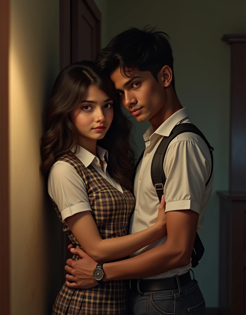 closeup, realistic, uhd image, rich indian brother and indian sister come back from school and have secret affair, cleavage seen, brother squeezing sister's boobs, boob squeeze, brother hugging from behind, sister facing camera, secret relationship, brother wearing school uniform, sister wearing school uniform, school uniform, inside indian home