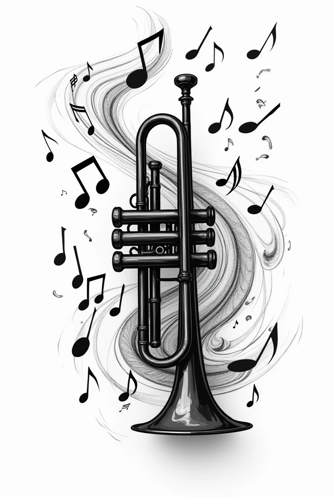 Black and white drawing of trumpet with musical notes around it